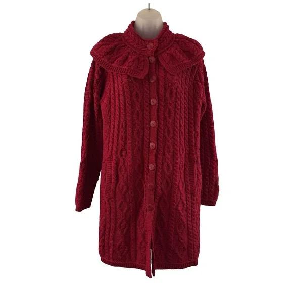 Aran Crafts Long Cardigan Sweater Womens L Red Wool Cable Knit Ireland Fisherman - Picture 2 of 16